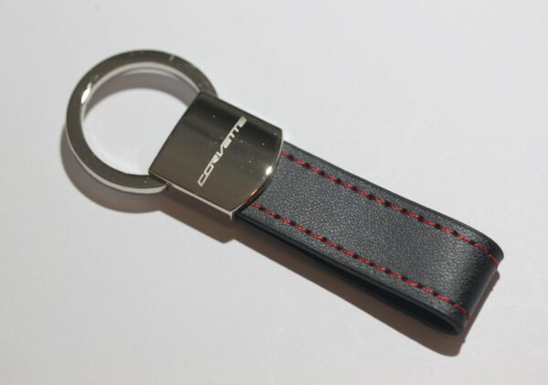 Corvette Leather Chrome Red Stitches Key Chain