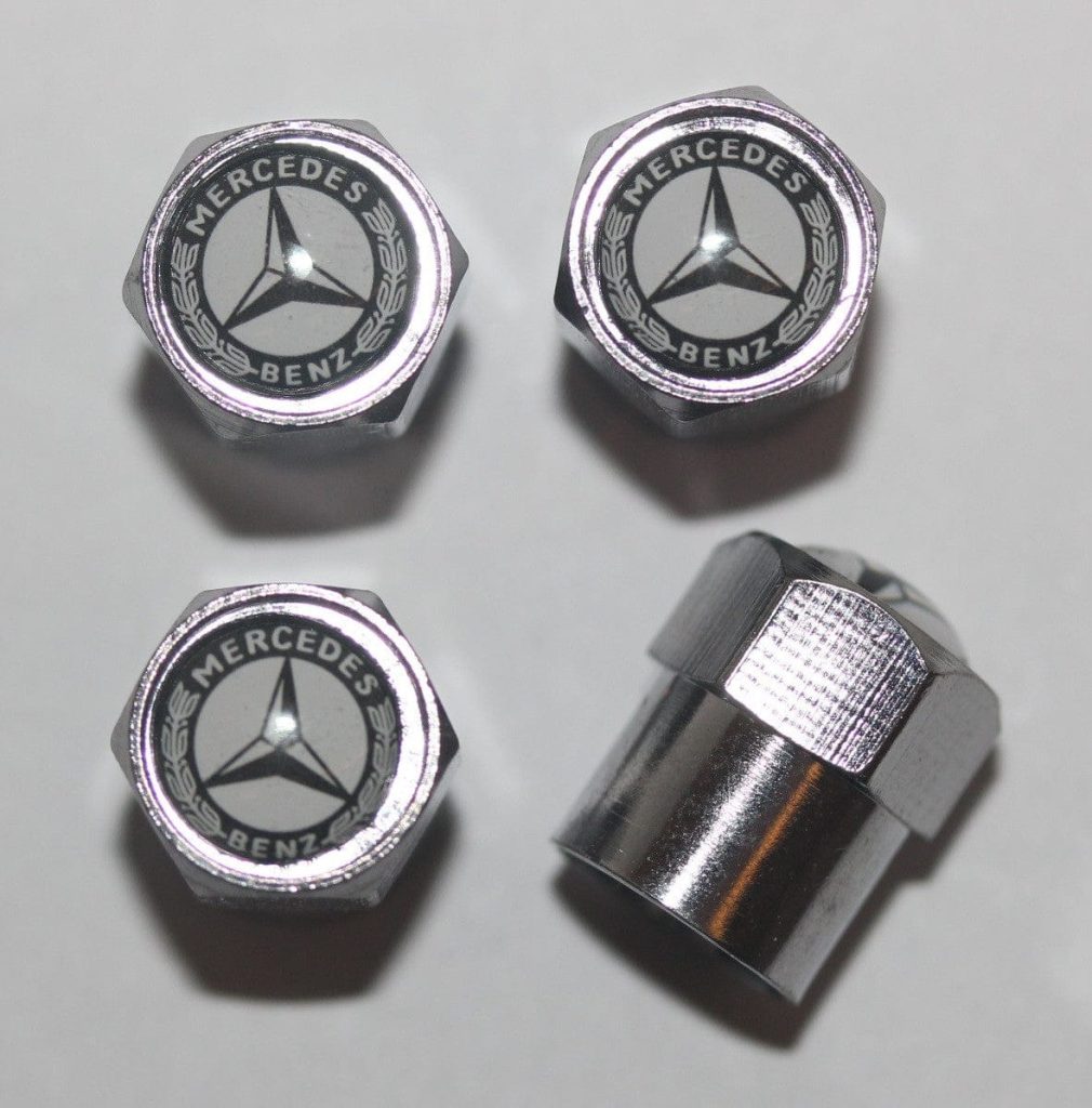 Mercedes Benz Black & White Tire Valve Stem Caps Plus Free Extra Cap