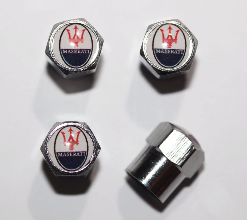 Maserati White Tire Valve Caps Plus Free Extra Cap Tire Valve Caps